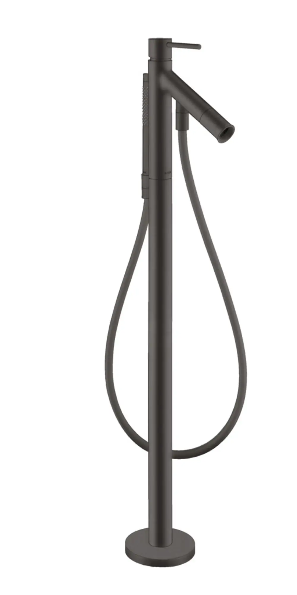 Bodenstehender Wannenmischer in Brushed Black Chrome von AXOR, ausgestattet mit einem langen Auslauf und einem flexiblen Schlauch für die Wasserentnahme.